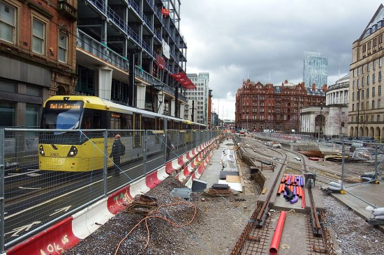 The track layout at St Peter's Square starts to take shape as 3067 waits during a period of disruption.